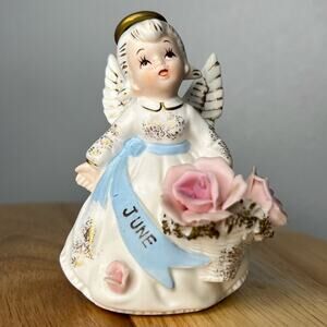 Vintage Lefton June Birthday Angel Blue Sash Pink Flowers Porcelain 3332